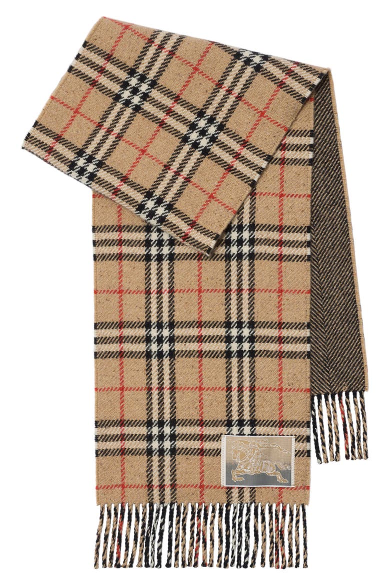 Check & Herringbone Reversible Cashmere & Wool Fringe Scarf, Main, color, SAND