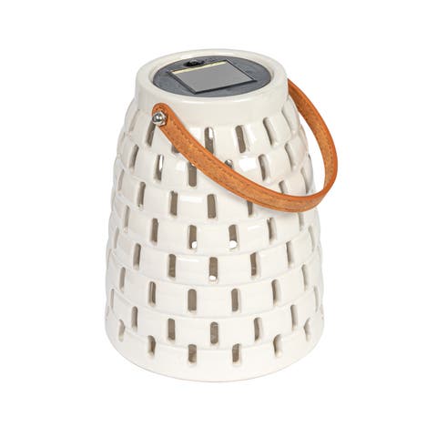 Stoneware Solar Lantern with Cut-Outs and Faux Leather Handle