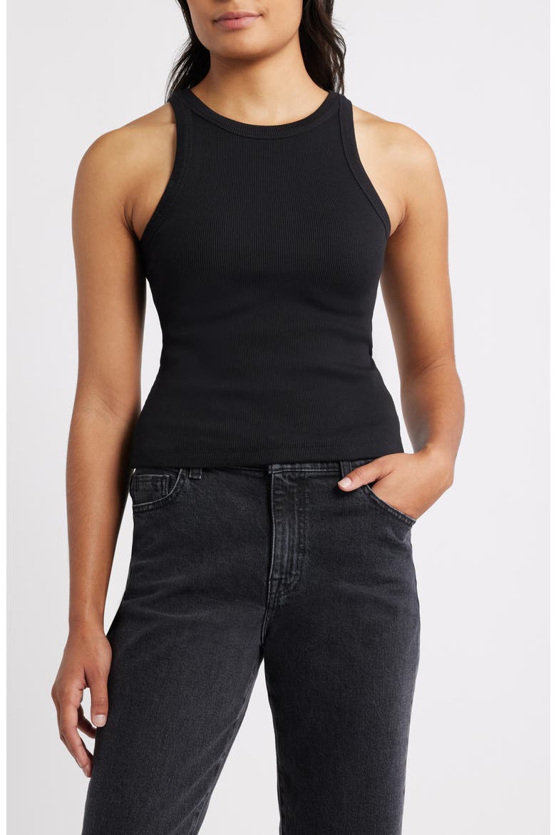 Rib Stretch Cotton Tank, Main, color, BLACK