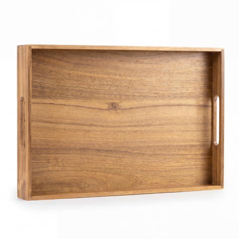 Soren W Handcrafted Large Acacia Wood Rectangular Serving Tray with Handles