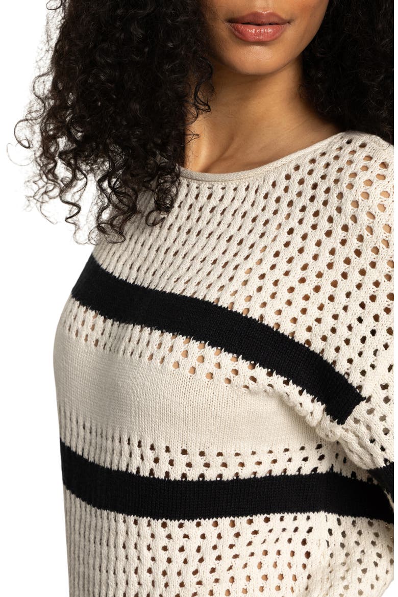 Stripe Open Stitch Elbow Sleeve Cotton Sweater, Alternate, color, BLACK/ CHALK STRIPE