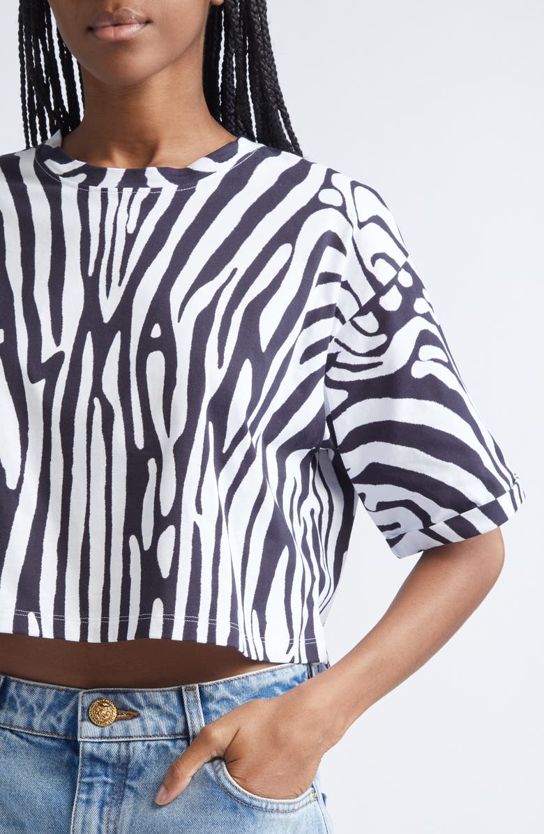 Balmain Logo Zebra Print Crop T-Shirt, Alternate, color, Black/ White