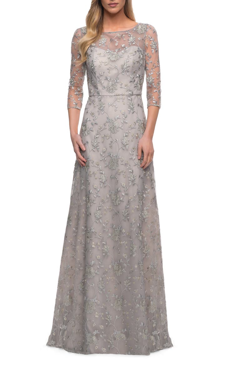 Embroidered A-Line Gown, Alternate, color, PEARL SILVER