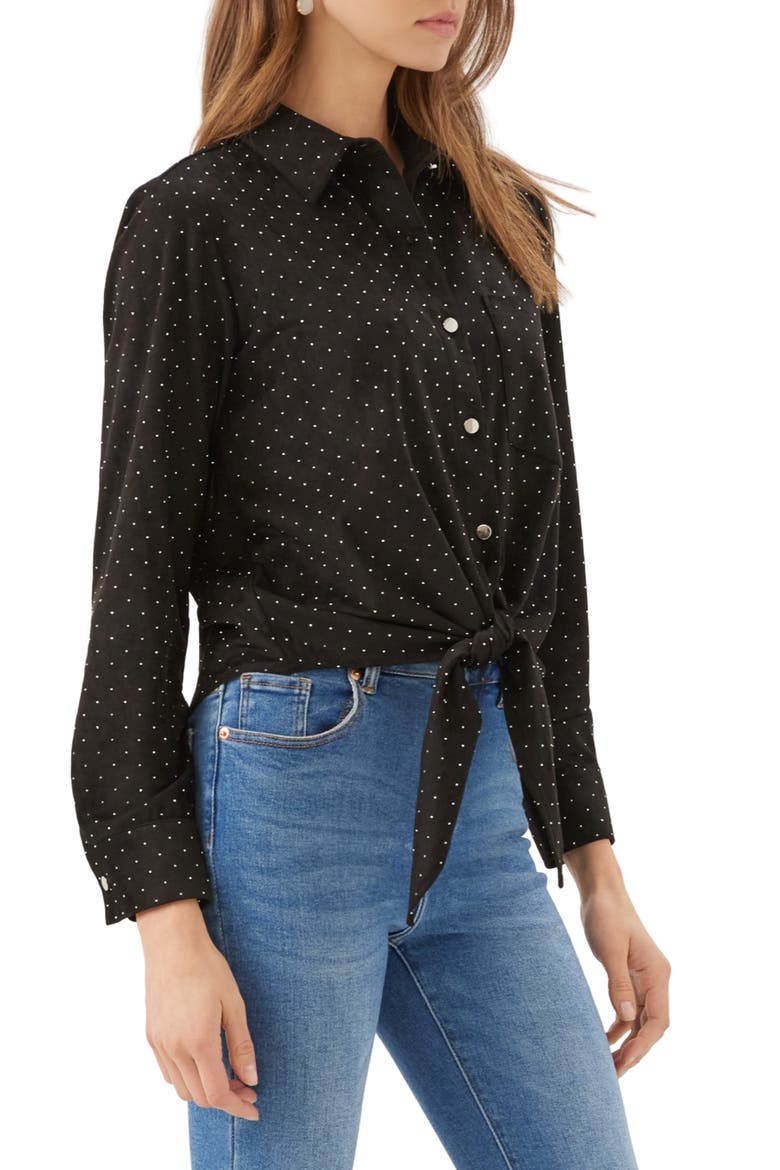 Rhinestone Faux Suede Tie Front Shirt, Alternate, color, BLACK