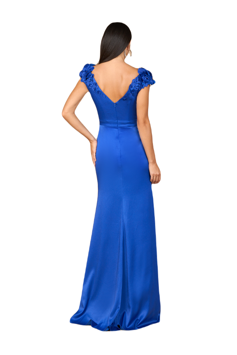 V-Neck, Satin Backed Crepe Gown, Alternate, color, Royal Blue
