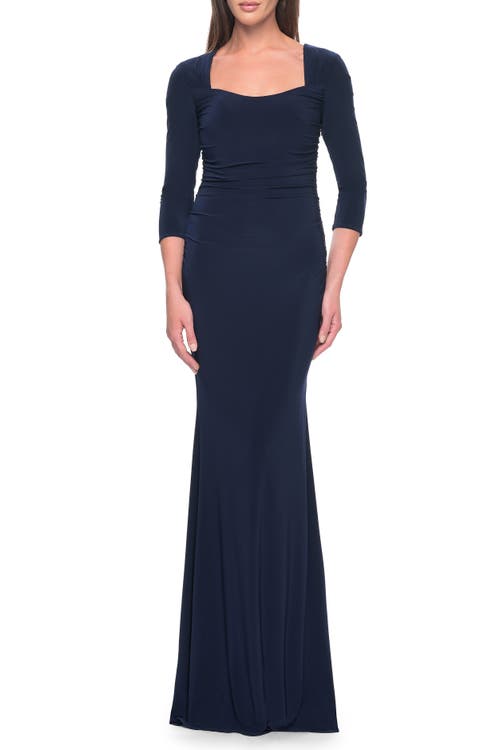 La Femme Long Jersey Evening Dress With Square Neckline And Sleeves In Navy