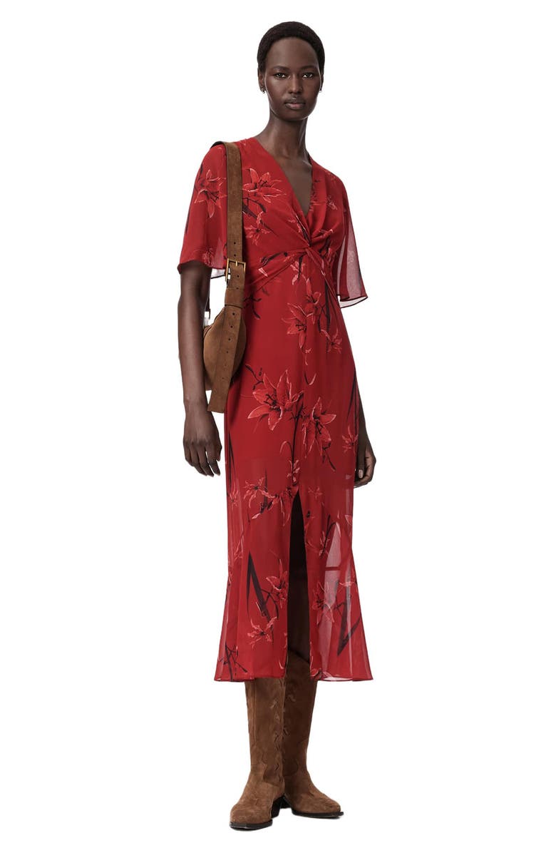 AllSaints Mollie Twist Front Midi Dress, Alternate, color, Petra Deep Red