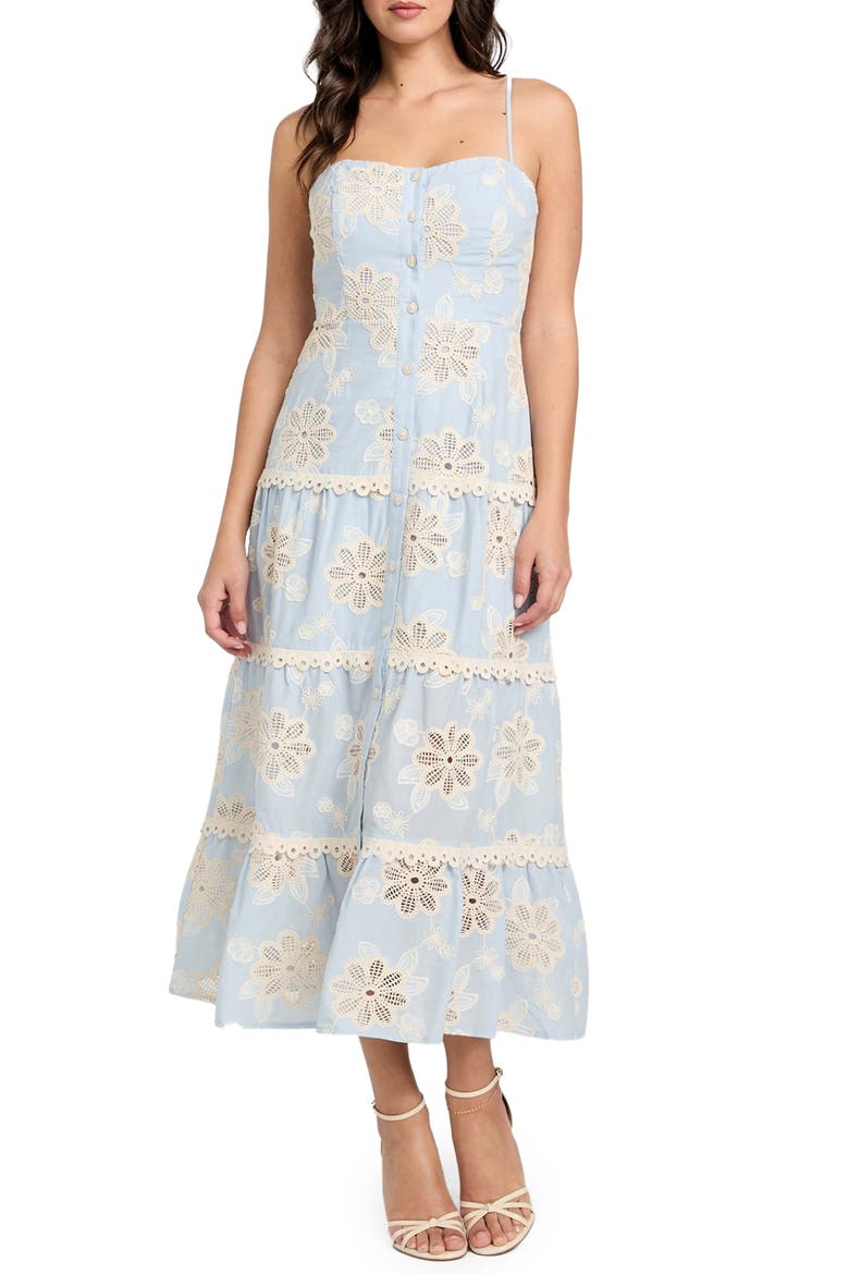 Tabitha Floral Embroidered Tiered Cotton Sundress, Main, color, BLUE