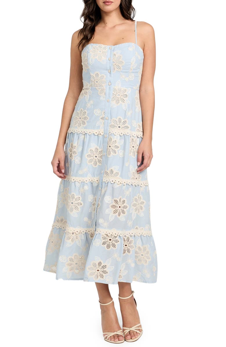 GUESS Tabitha Floral Embroidered Tiered Cotton Sundress, Main, color, 