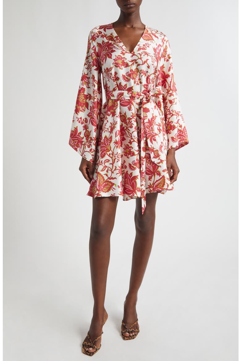 Floral Print Long Sleeve Silk Dress, Main, color, PRINT ON WHITE BASE