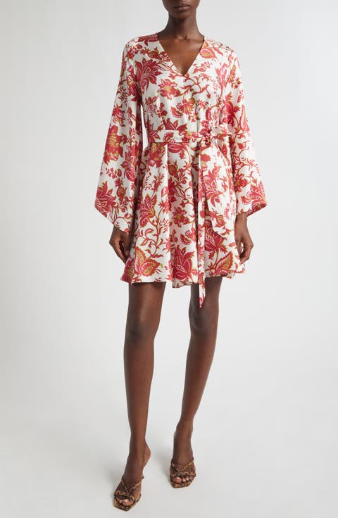 Floral Print Long Sleeve Silk Dress