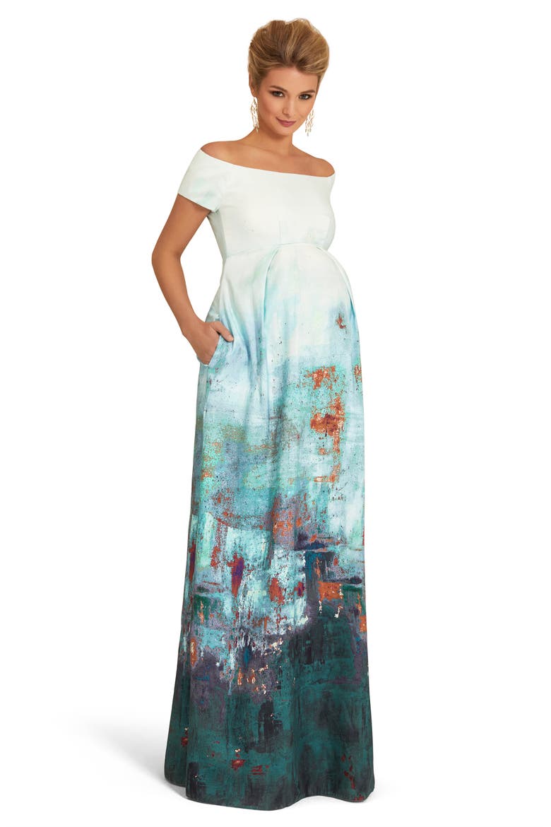 Aria Off the Shoulder Metallic Maternity Gown, Alternate, color, GREEN