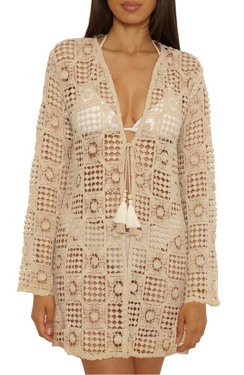 Lucky Brand Tulum Long Sleeve Open Stitch Cotton Cover-Up Tunic, Main, color, Natural