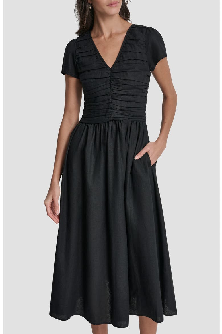 Ruched Bodice Linen Blend Midi Dress, Alternate, color, BLACK