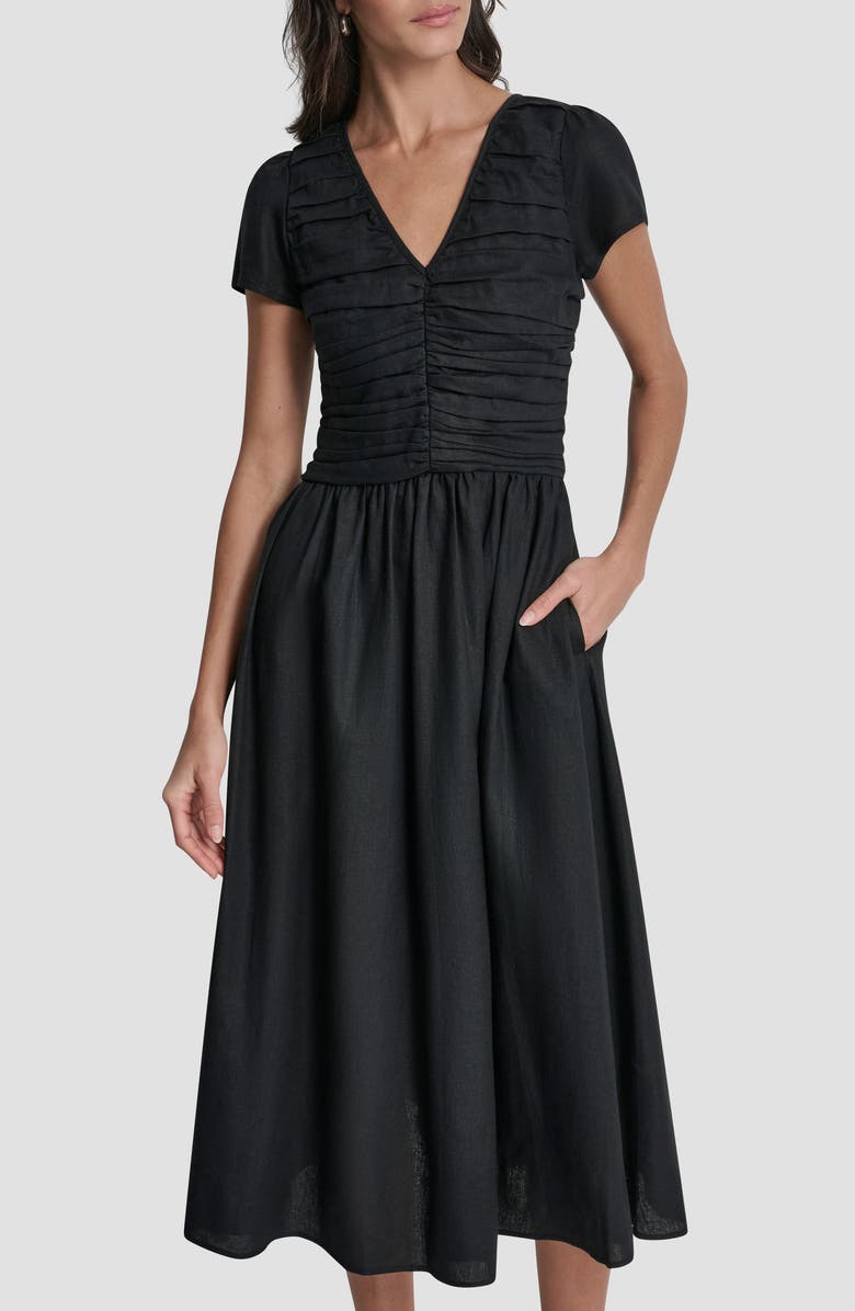 DKNY Ruched Bodice Linen Blend Midi Dress, Alternate, color, Black