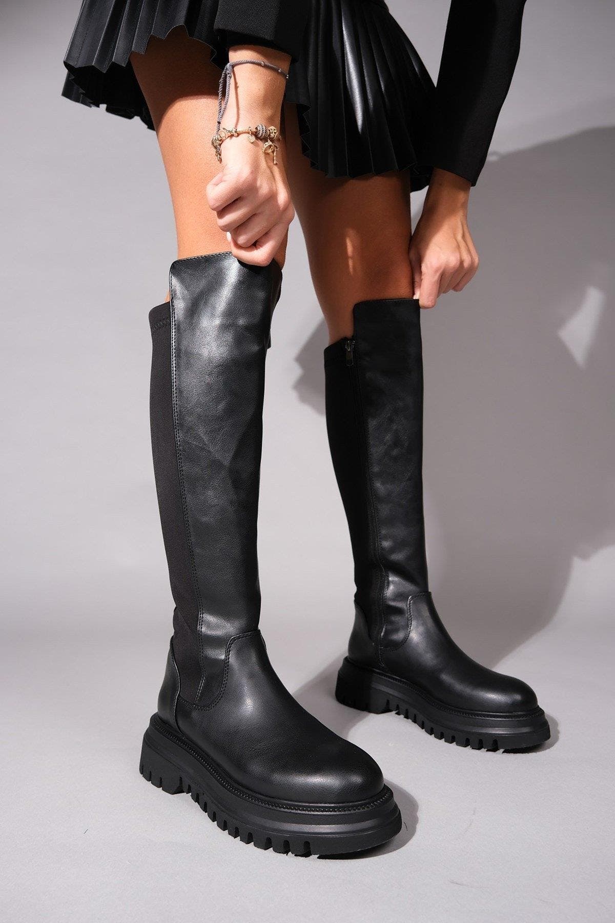 Prologue Shoes Paul Stretch Knee High Boot, Alternate, color, Black Stretch Faux Leather