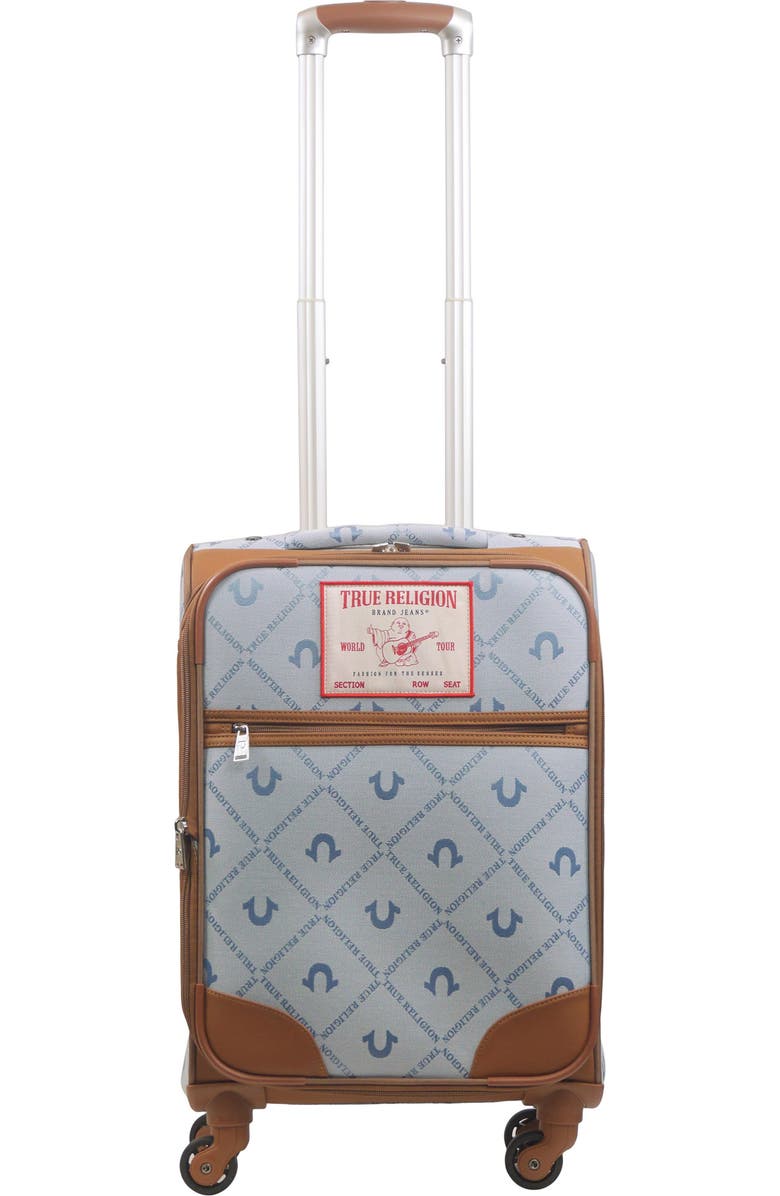 True Religion Soft Sided 23" Expandable, Spinner Luggage wiith Ionic logo monogram and Buddha patch, Alternate, color, Denim