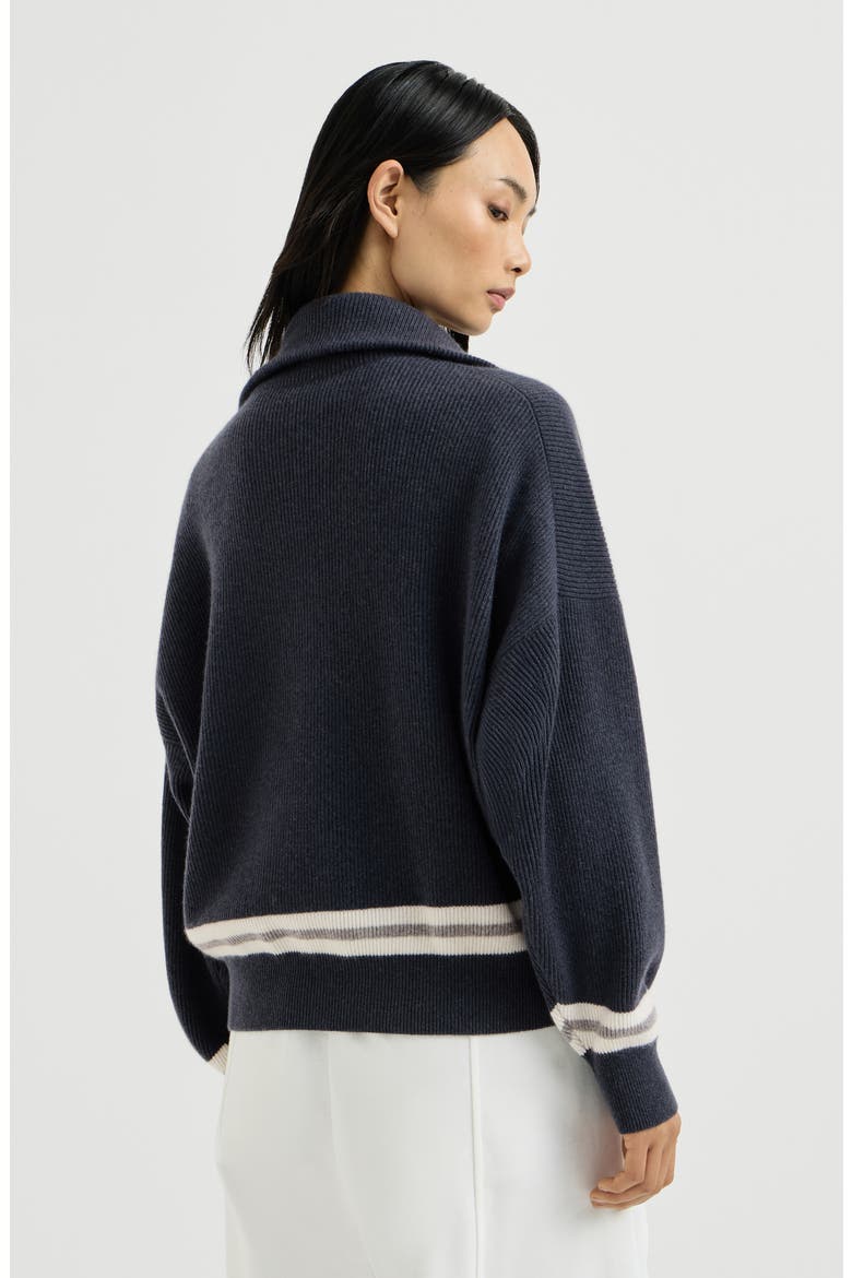 Cashmere English rib turtleneck sweater with half-zip and logo, Alternate, color, Navy Blue