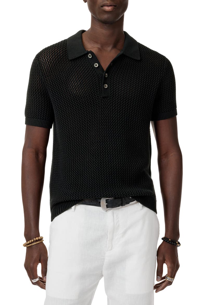 Tapia Openwork Merino & Linen Polo Sweater, Main, color, BLACK