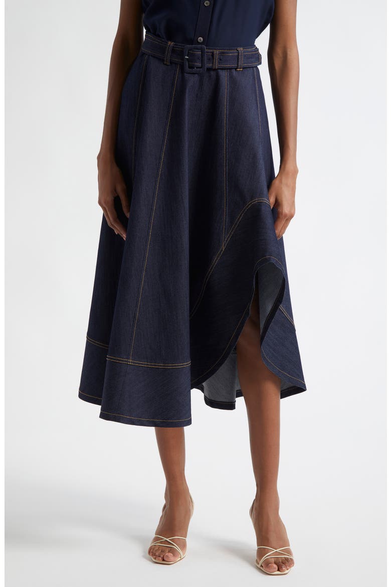 Zelda Denim Asymmetric Midi Skirt, Main, color, INDIGO