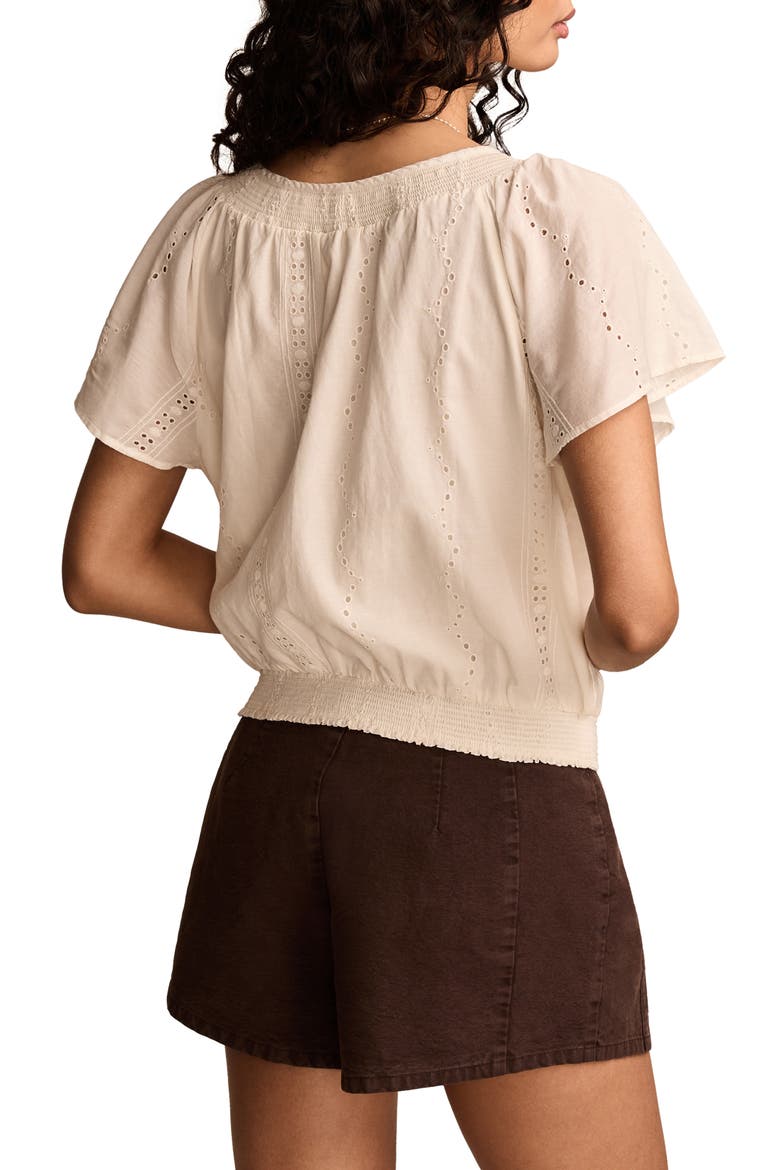 Embroidered Eyelet Short Sleeve Smocked Hem Top, Alternate, color, TOFU