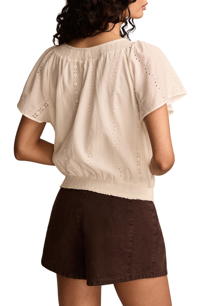 Lucky Brand Embroidered Eyelet Short Sleeve Smocked Hem Top, Alternate, color, Tofu