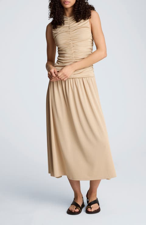 Ruched Sleeveless A-Line Midi Dress