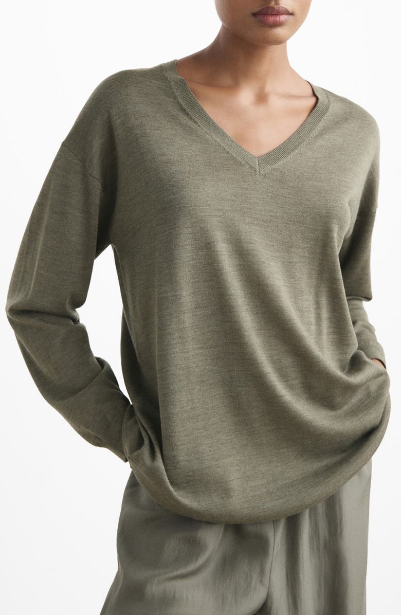 MANGO V-Neck Wool Pajama Sweater, Main, color, Green