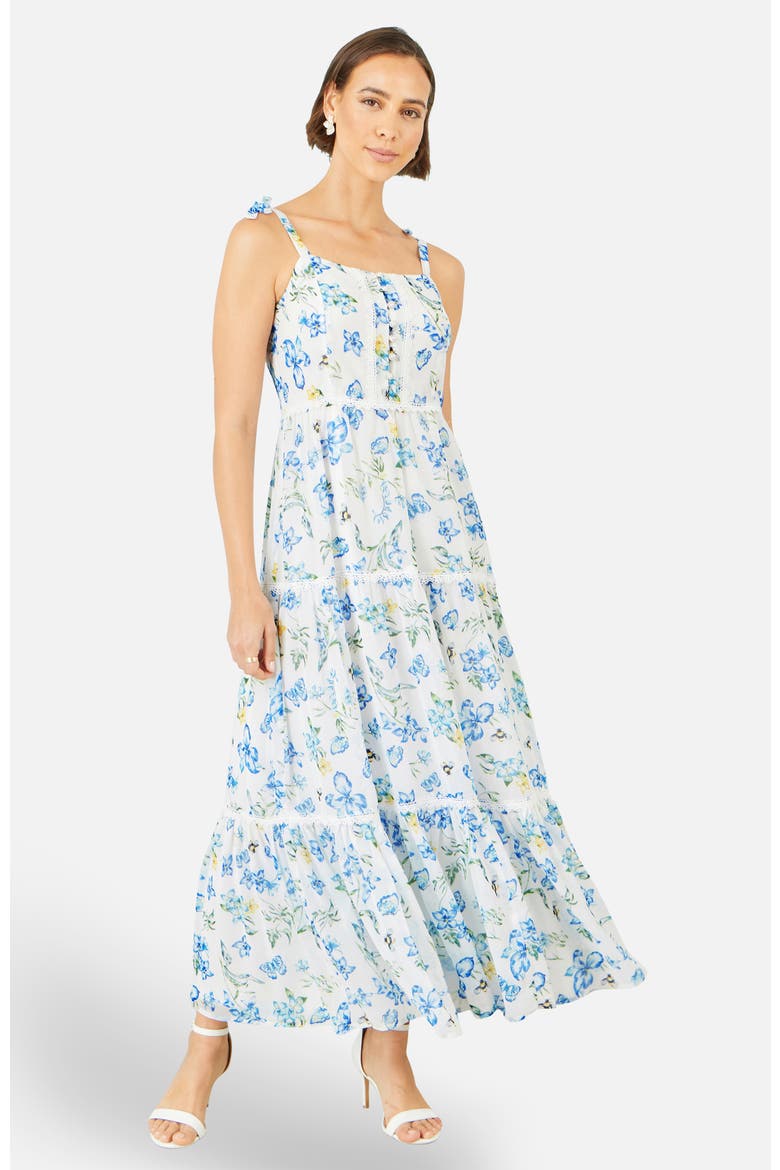 Butterfly Print Lace Trim Maxi Dress, Alternate, color, White