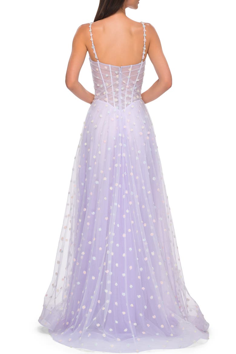 Polka Dot Tulle Prom Dress with Sheer Corset Top, Alternate, color, Light Periwinkle