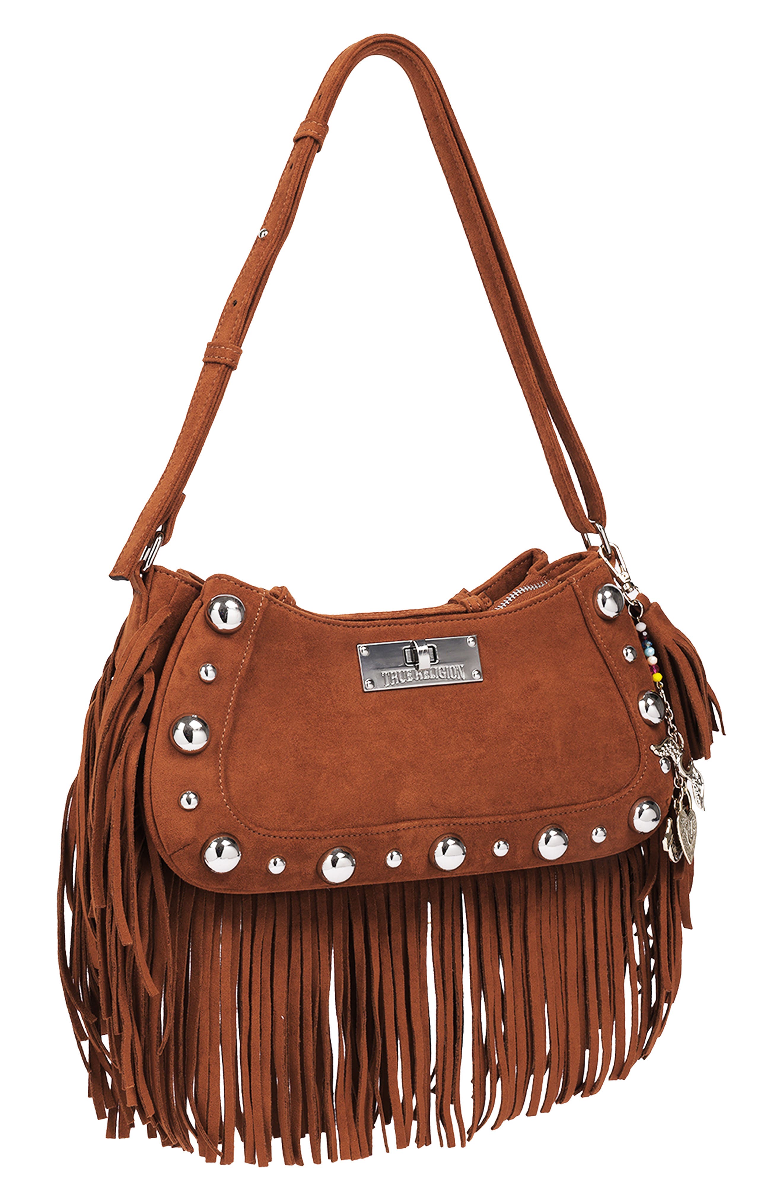 Vintage Dangle Fringe Faux Suede Hobo, Alternate, color, COGNAC