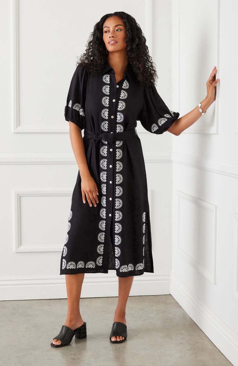 Karen Kane Embroidered Linen Blend Shirtdress, Alternate, color, Black