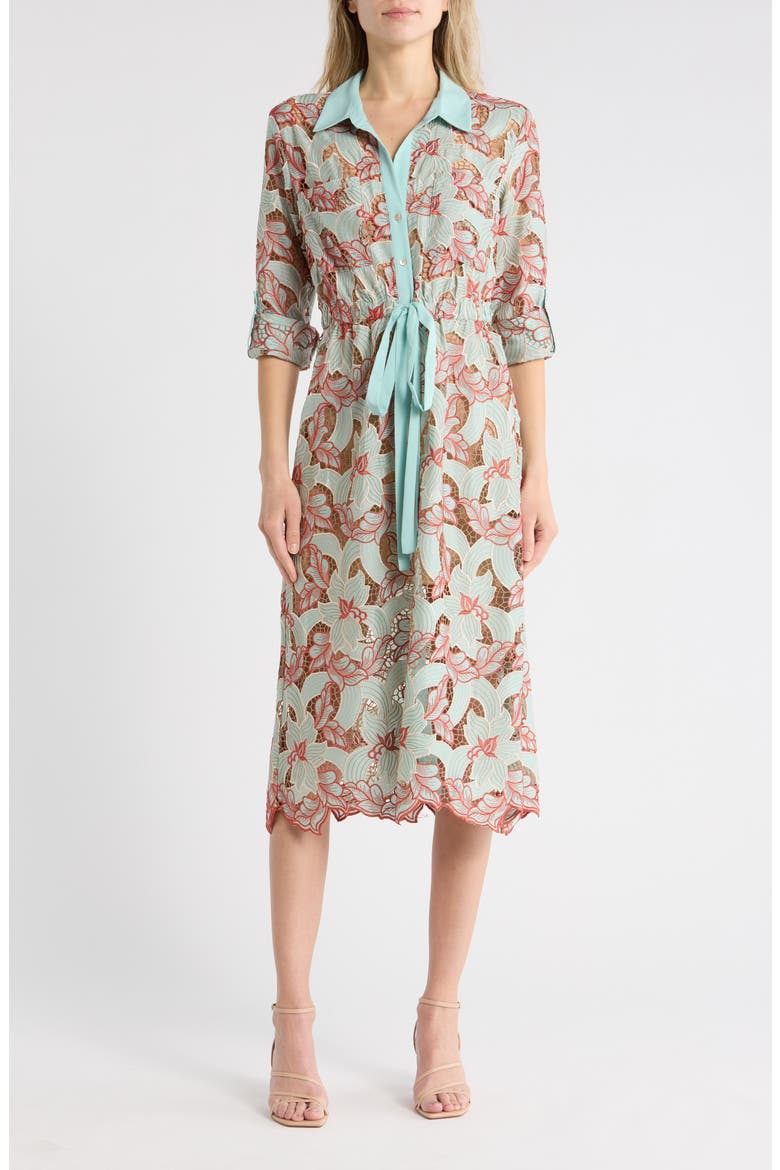 Emilio Floral Long Sleeve Midi Shirtdress, Main, color, AQUA/ RED EYELET