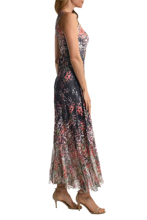 Komarov Floral Border Long Dress With Lace Up Back Detail In Multi