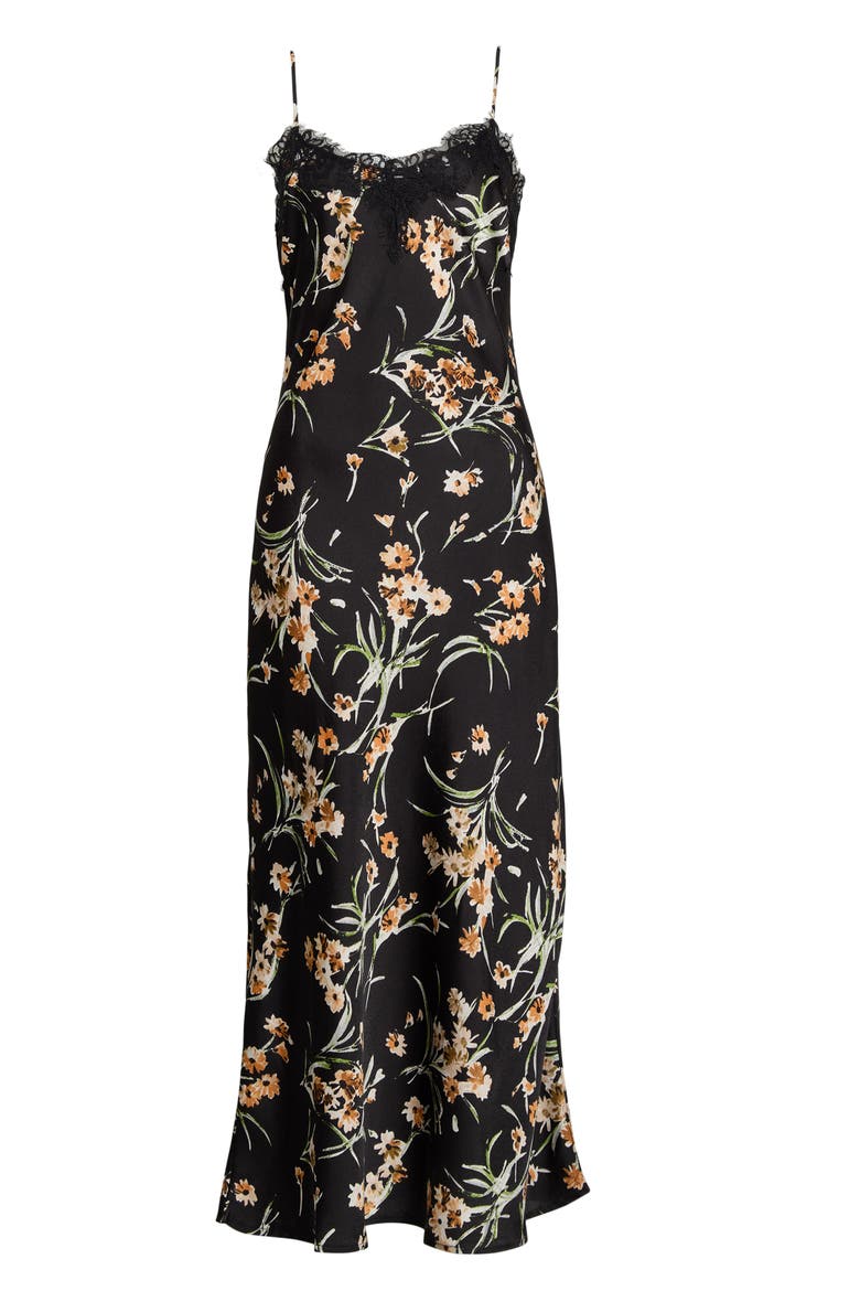 Lace Trim Satin Midi Dress, Alternate, color, BLACK/ GOLDEN