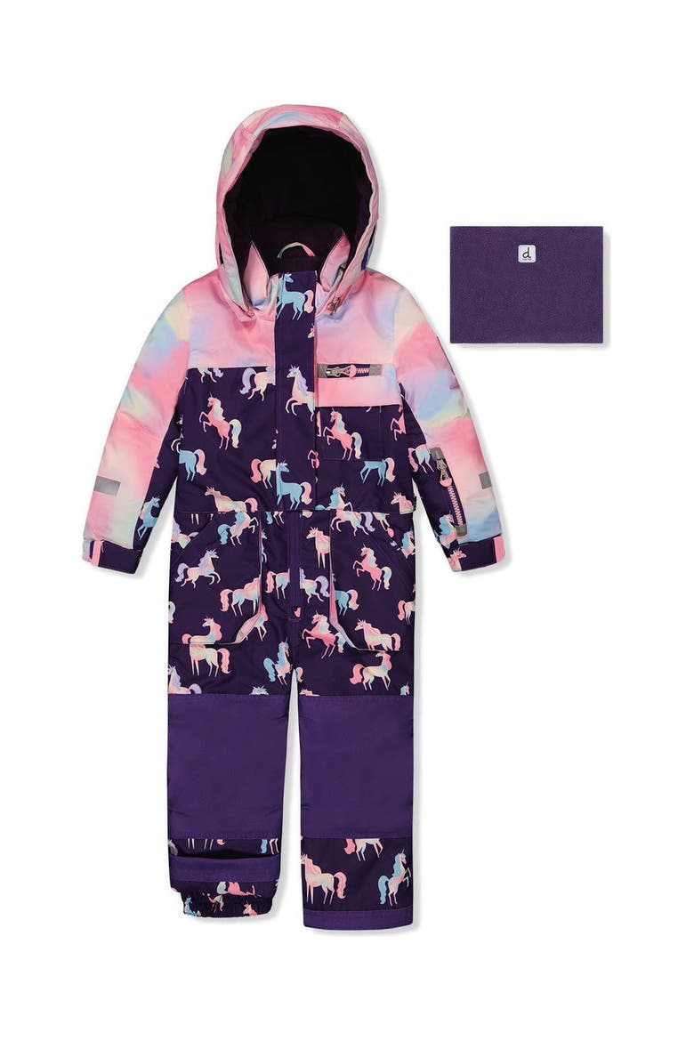 Play Unicorn Hood & Expandable Sleeve One Piece Snowsuit, Main, color, Purple Unicorn Print