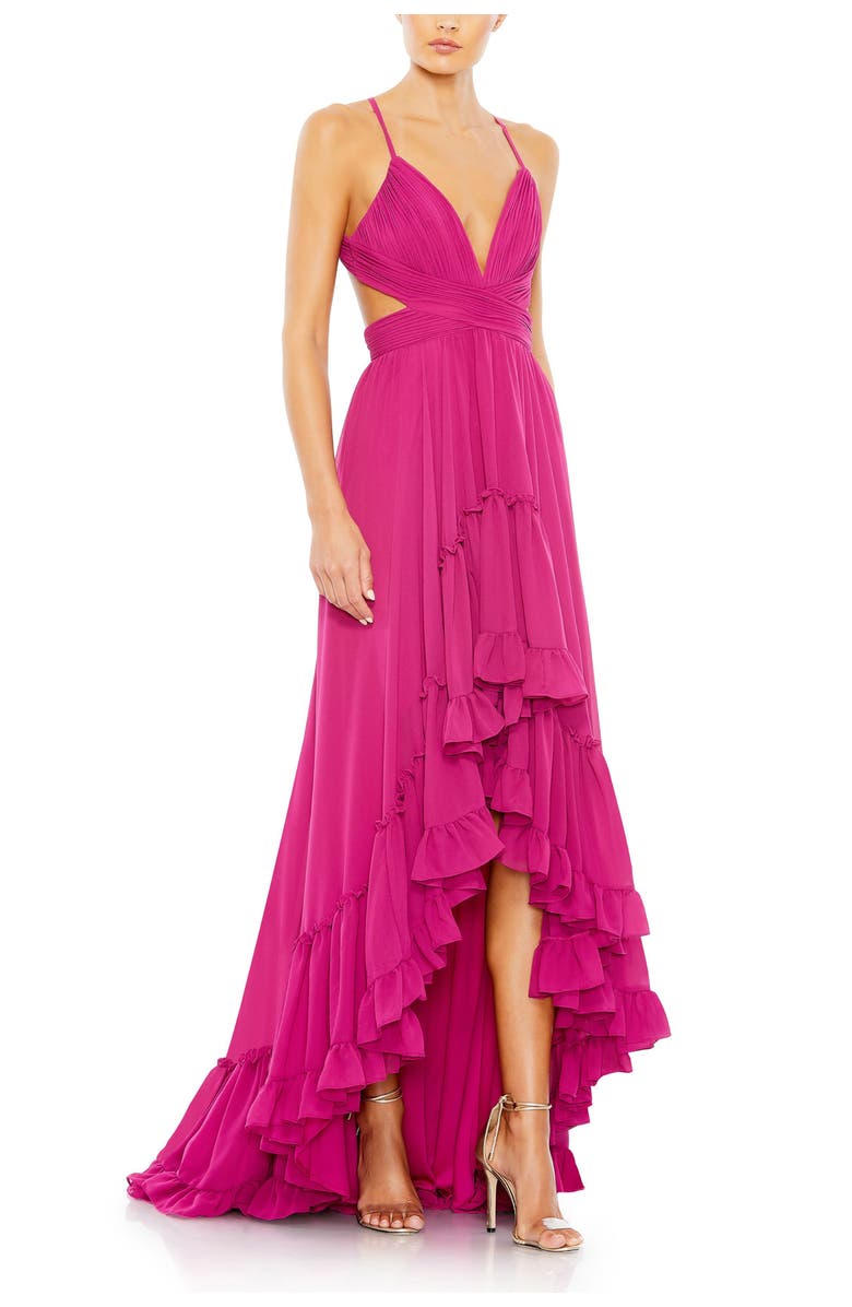 Mac Duggal Pleated Tiered Cut Out Sleeveless Gown, Main, color, Fuchsia