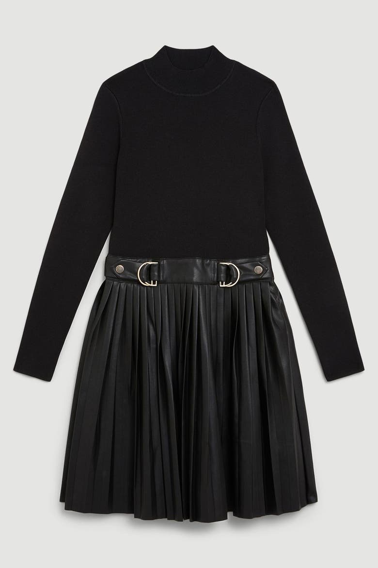 Knitted Top Pleated Skater Dress, Alternate, color, Black