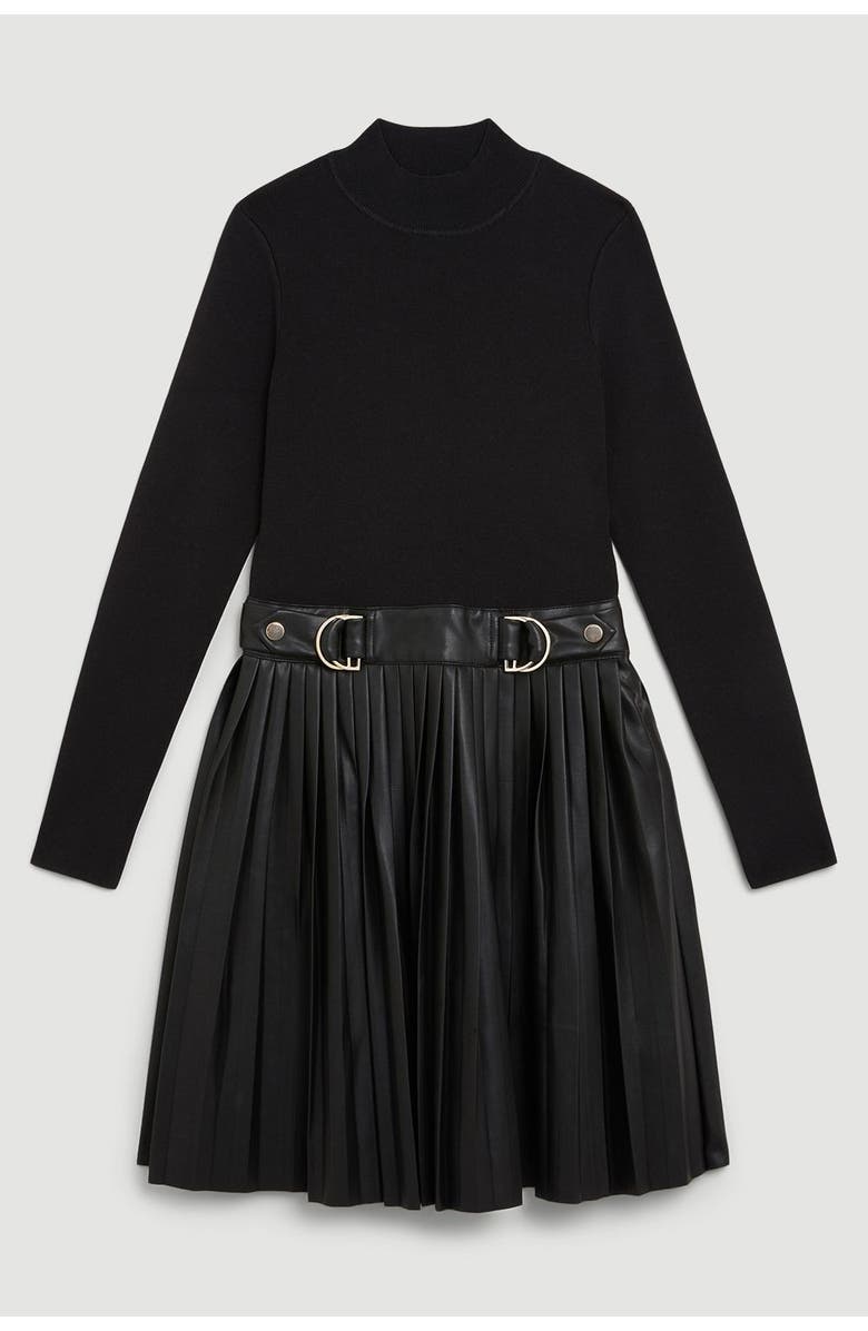 Karen Millen Knitted Top Pleated Skater Dress, Alternate, color, Black