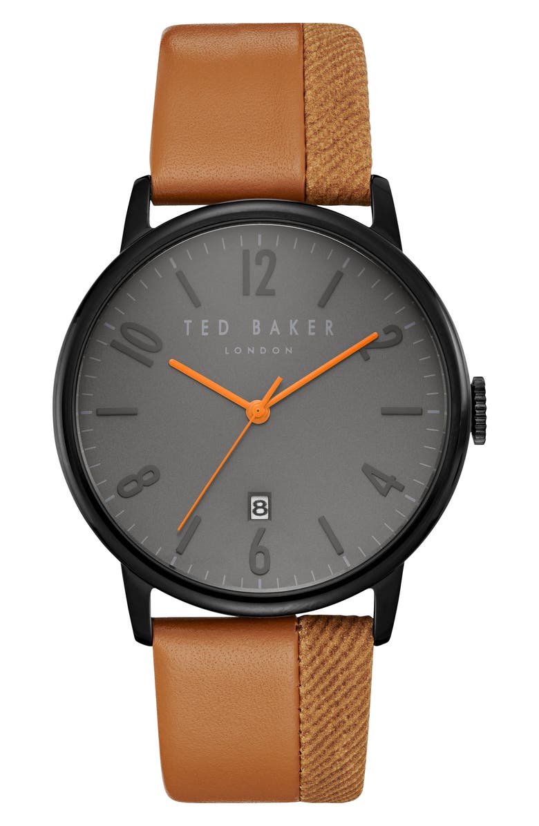 Ted Baker London Thomas Leather Strap Watch, 42mm, Main, color, 
