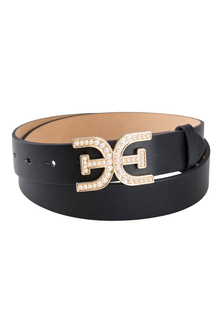 Imitation Pearl Logo Plaque Belt, Alternate, color, BLACK