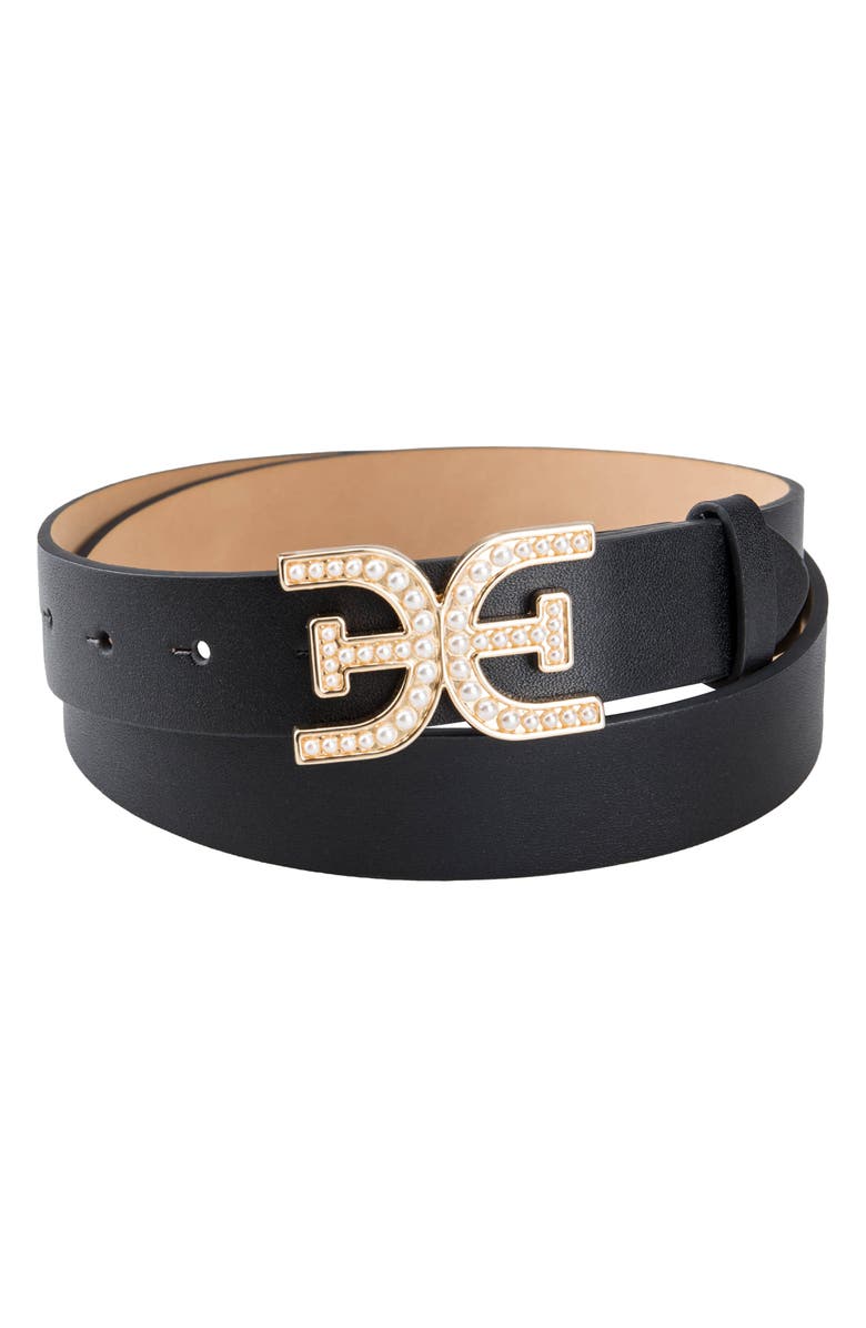 Sam Edelman Imitation Pearl Logo Plaque Belt, Alternate, color, Black
