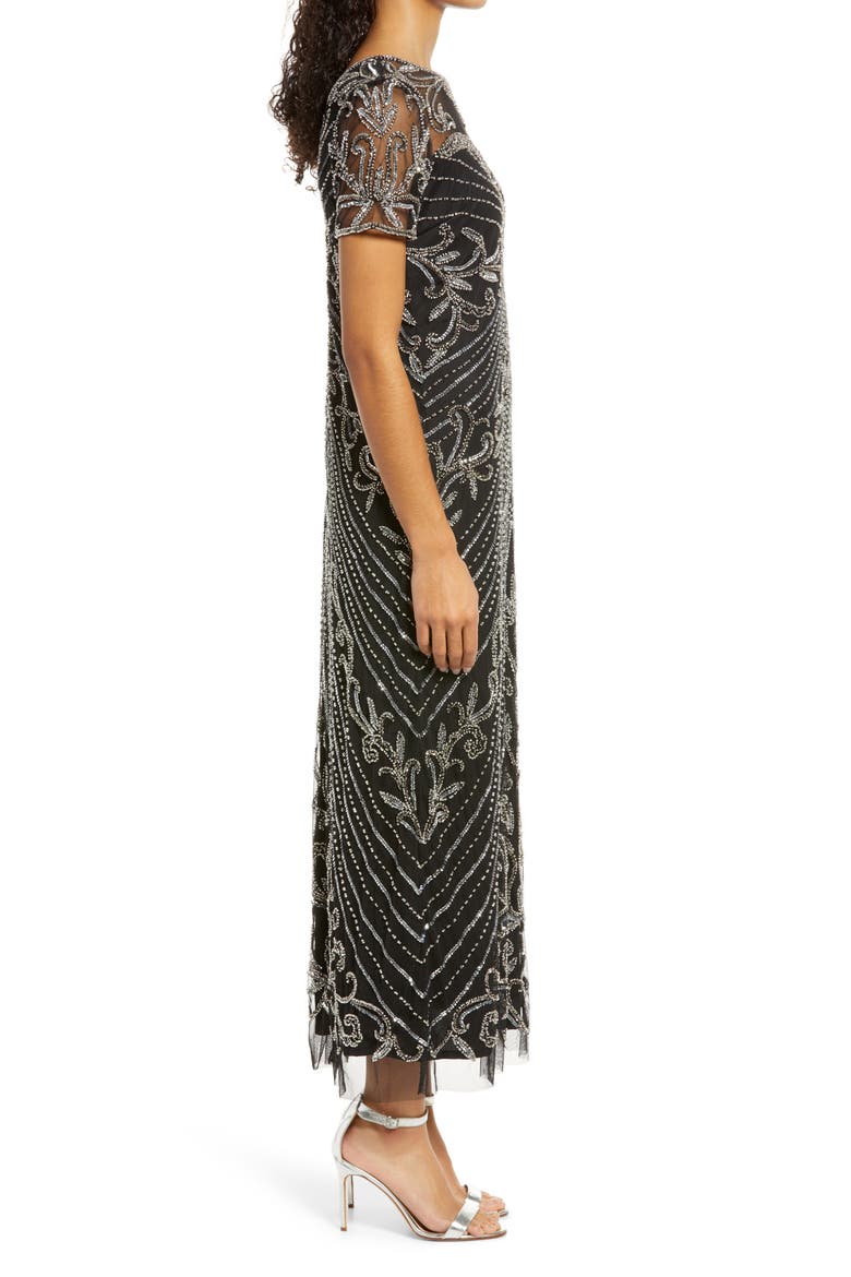 Illusion Beaded Mesh Column Gown, Alternate, color, BLACK