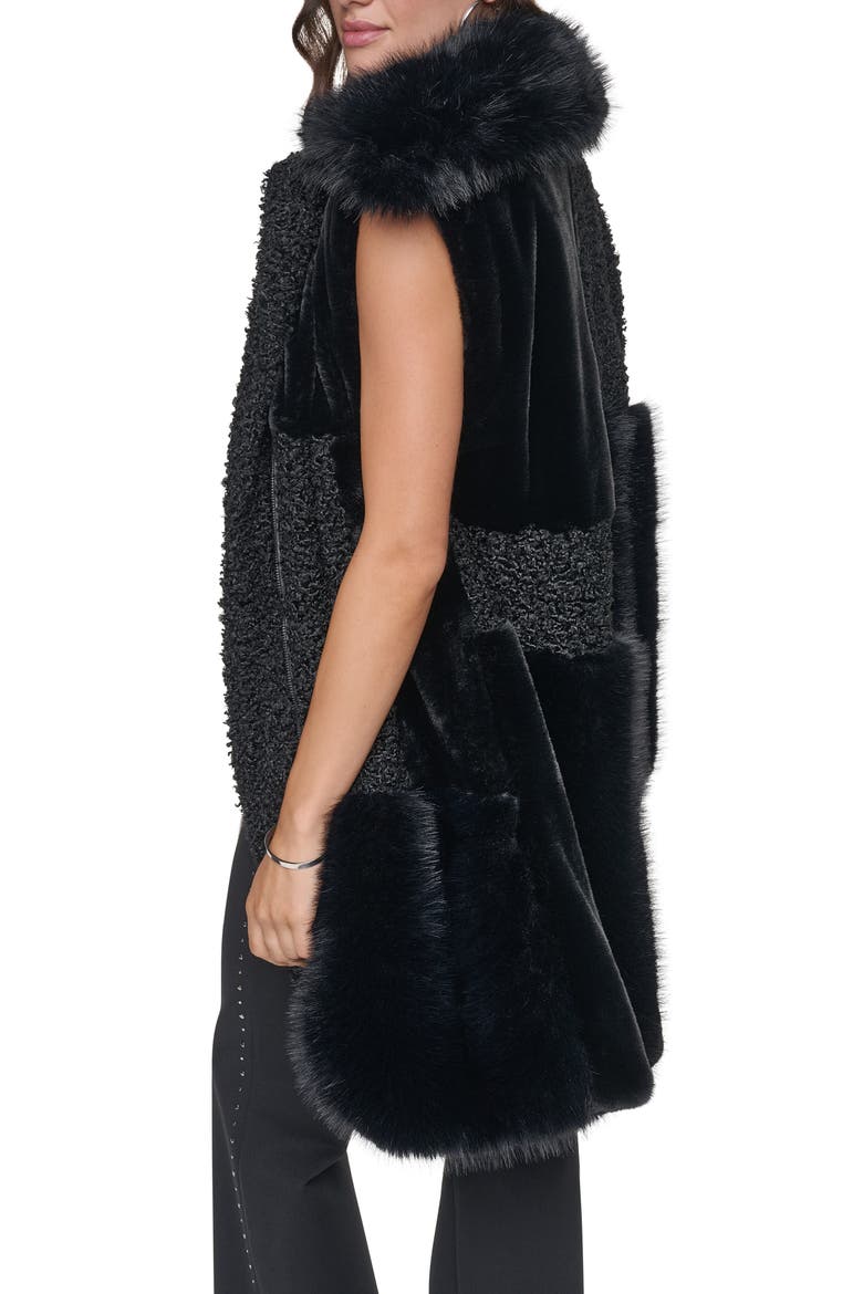 Patch Mix Faux Fur Long Vest, Alternate, color, BLACK