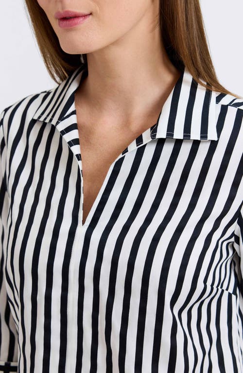 Foxcroft Agnes Stripe Long Sleeve Cotton Sateen Top In White/black
