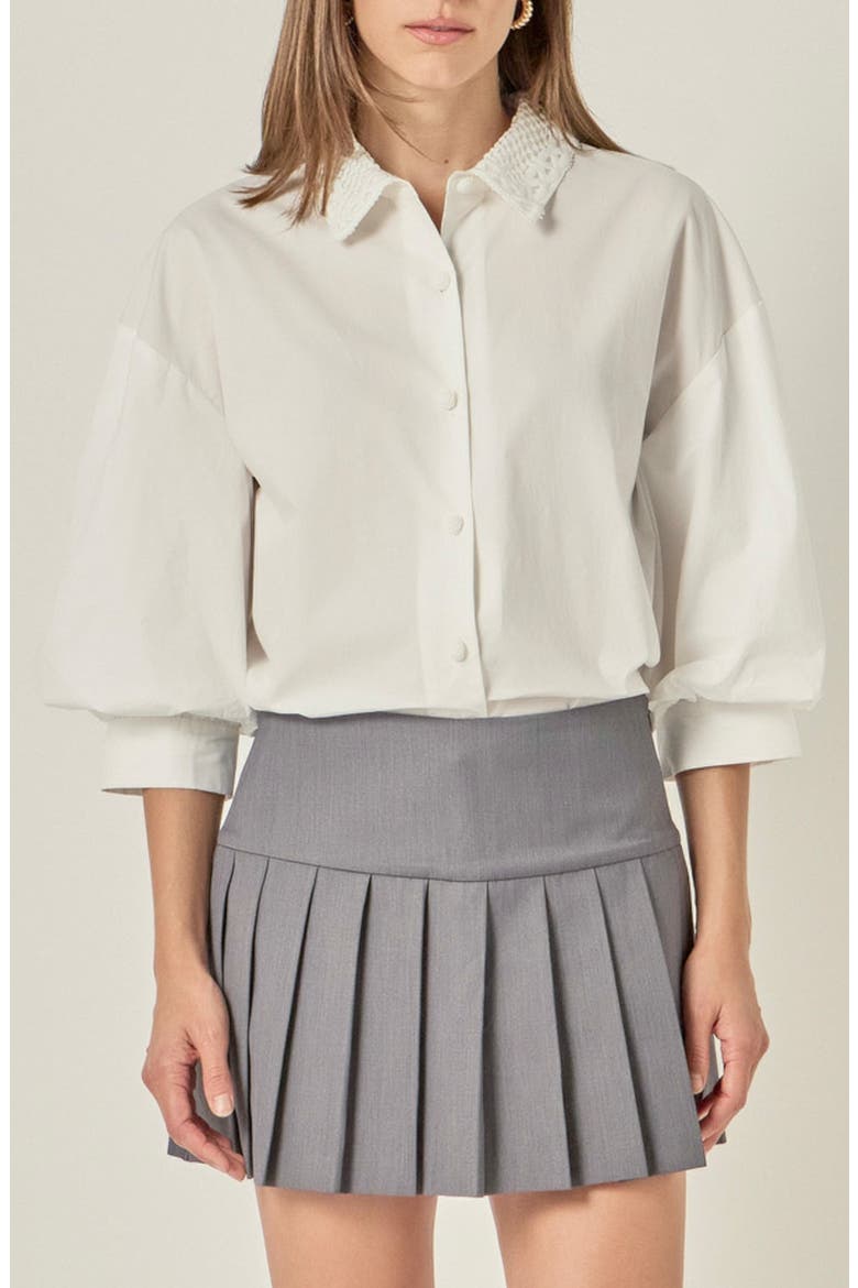 Lace Trim Blouson Sleeve Cotton Button-Up Shirt, Main, color, WHITE
