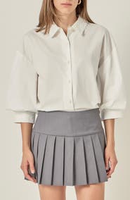 English Factory Lace Trim Blouson Sleeve Cotton Button-Up Shirt