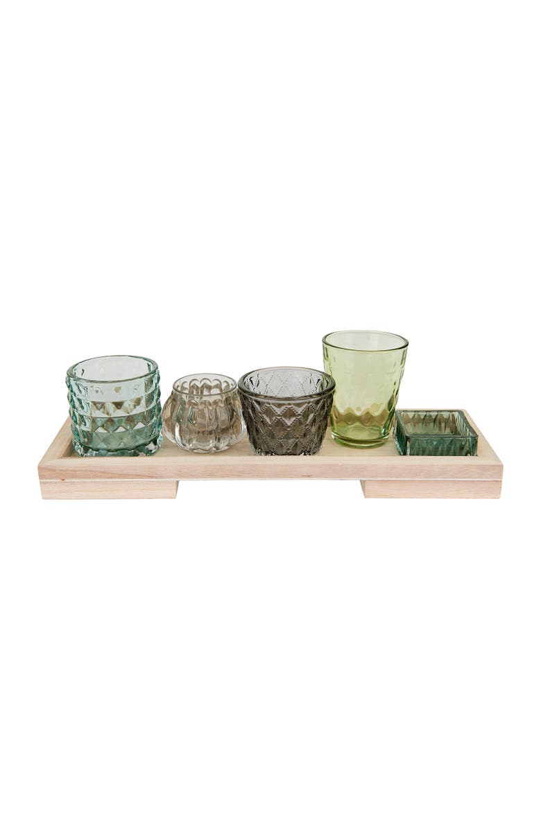 Storied Home Embossed Glass Votive and Tealight Holders on a Wood Tray, Set of 5, Main, color, 