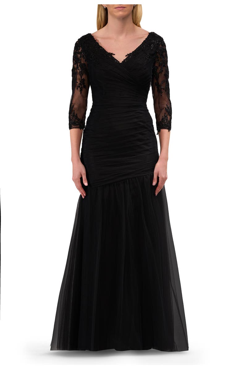 La Femme Tulle Evening Gown with Trumpet Skirt and Lace Illusion Sleeves, Main, color, Black