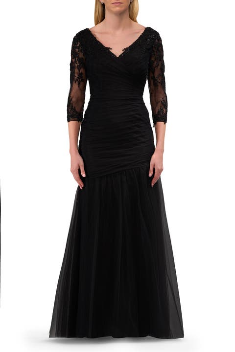 Tulle Evening Gown with Trumpet Skirt and Lace Illusion Sleeves